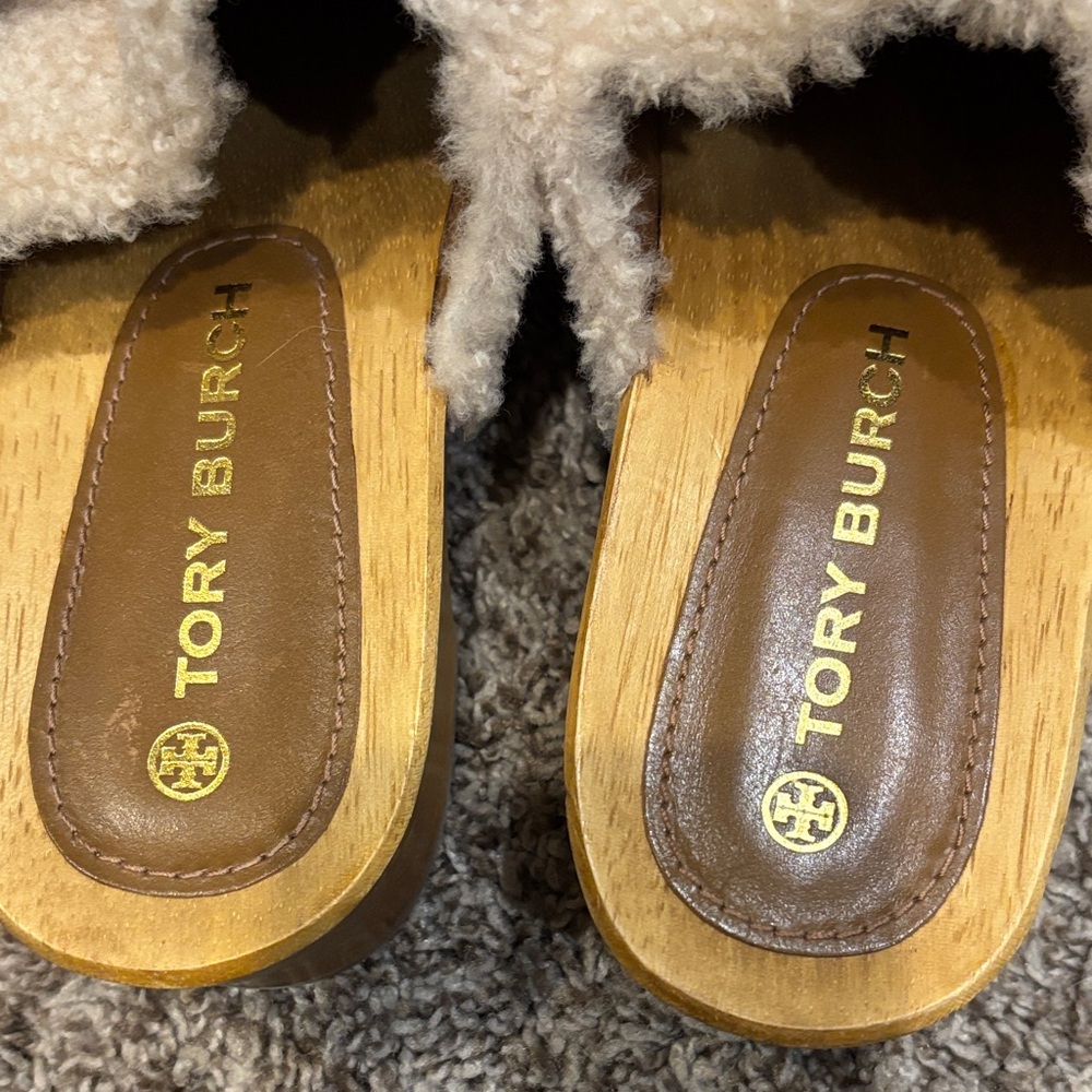 Tory Burch Beige Shearling Mules with Gold Accents - Picture 2 of 3